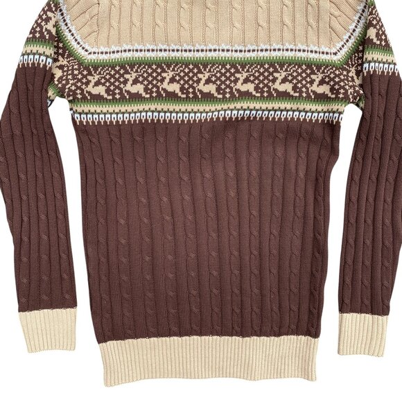 Vintage Fair Isle Deer Cable Knit Sweater Brown Cabin Ski 70s Grandpa Ugly-M - Picture 9 of 9